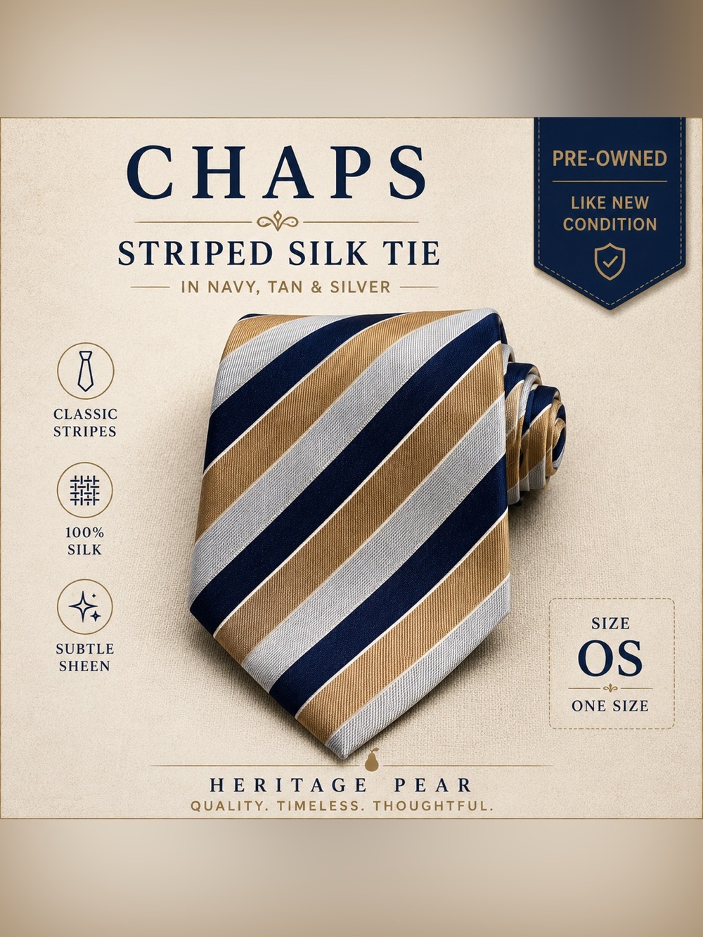 Chaps Striped Silk Tie in Navy, Tan & Silver